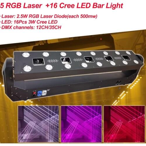 5 RGB Laser 16 Cree LED Bar Light DJ Disco Party Stage Lighting Effect Voice Control Projector Strobe Lamp For Home Dance Floor