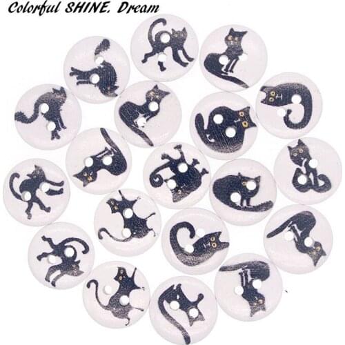 50PCs Wholesale Natural Wooden Buttons Round Lovely Cat Design Scrapbooking Sewing Accessories DIY Craft 2 Holes 15mm Dia