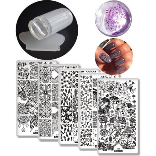 6Pcs Nail Art Stamping Template Flower Lip Kiss Japanese style Manicure Print DIY Image Plate with 1Pc Stamper Scraper Set Kit