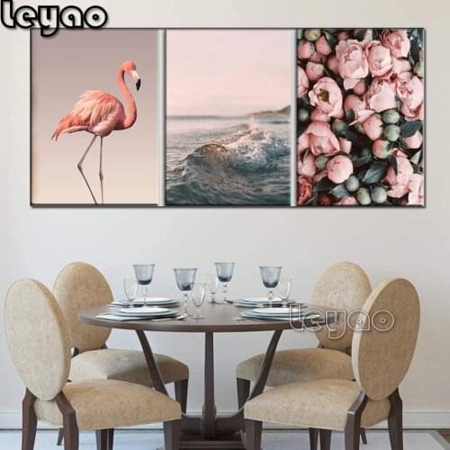 Diamond Painting 3 Pieces Pink Flamingo Rose And Nature Ocean Landscape Diamond Embroidery Xmas Gift Full Drill Cross Stitch