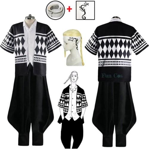 Anime Tokyo Revengers Ken Ryuguji Cosplay Costume Golden Wig Earring Tattoo Suit Shirt Pants Cloak Halloween Party Uniform Boys