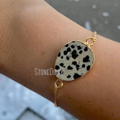 Fashion Teardrop Dalmatian Jaspers Bracelet Gold Electroplated Chain Jaspers Spot Stone Bracelet In Adjustable BM11273
