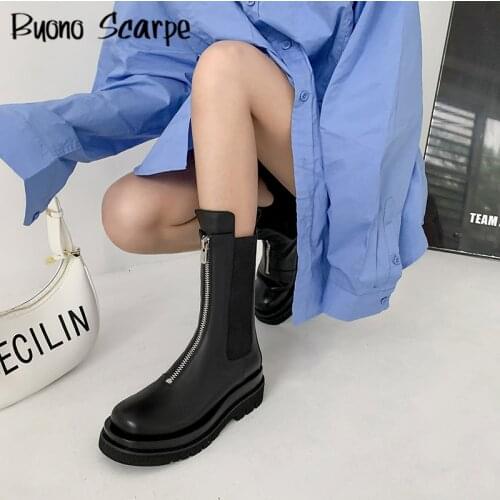 British Mid-Calf Front Zipper Chelsea Boots Genuine Leather High Platform Flat Ankle Short Boots Round Toe Female Martin Boots