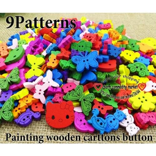 100PCS Mixed Painting Wood Cartoons Bear Buttons Coat Boots Sewing Clothes Accessories Cat Button WCB-077