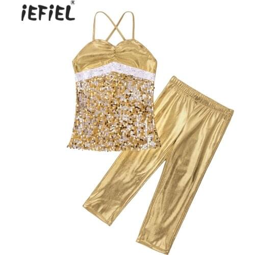 Kids Shiny Sequin Modern Jazz Dance Costumes For Girls Dance Wear Sleeveless Tank Vest Tops + Pants Leggings 2Pcs Dance Outfits