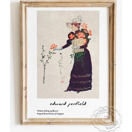 Edward Penfield Exhibition Museum Vintage Poster, Woman Picking Up Flowers Art Prints Canvas Painting, Livingroom Wall Art Decor