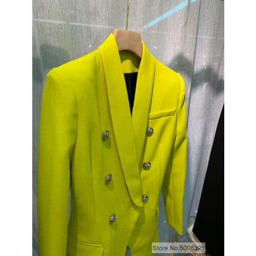 [ElfStyle] - Fluorescent Yellow Double Breasted Blazer Shawl Collar 2019 AAA CLASS Woman Blazers ON SALE