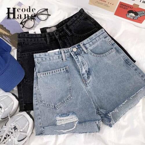 HangCode Fashion Irregular Ripped Denim Shorts Women 2021 New Pockets Design High Waist Summer Jeans Shorts Black Ladies Bottoms