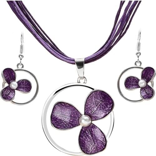Hesiod Flower Enamel Wedding Jewelry Sets Circle Hollow Simulated Pearl Choker Necklace With Long Dangle Drop Earrings