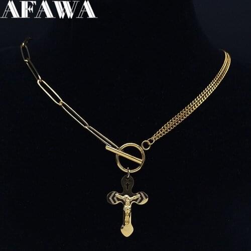 Catholicism Jesus Cross Stainless Steel Necklace Charms Women Gold Color Small Pendant Necklace Jewelry bijoux acier N6016S02