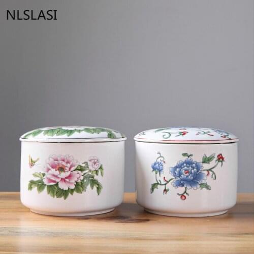 Chinese Peony Pattern Ceramics Tea Caddy Portable Sealed Containers Travel Tea Bag Storage Box Kitchen Coffee Spice Canister