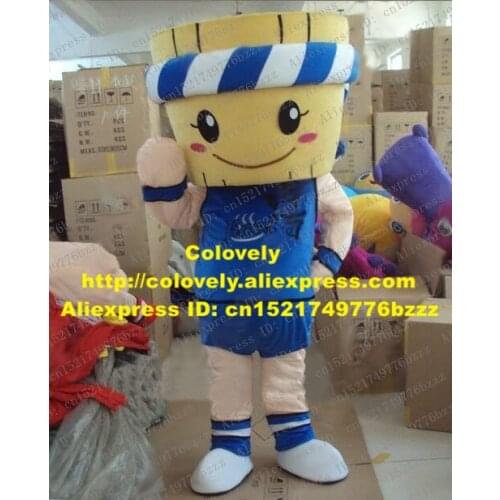 Smart Blue Wooden Barrel Mascot Costume Mascotte Bucket Keg Pail Adult With Yellow Cannular Head Black Eyes No.2713 Free Ship