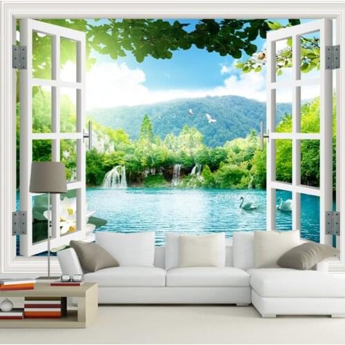Landscape window mural TV background wallpaper living room landscape wall cloth 3D three dimensional space extended wallpaper