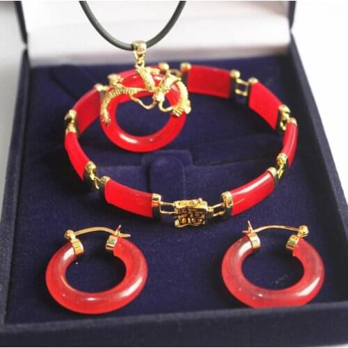 Womens new! noblest red gem stone dragon pendant & earring bracelet jewelry set new-jewelry