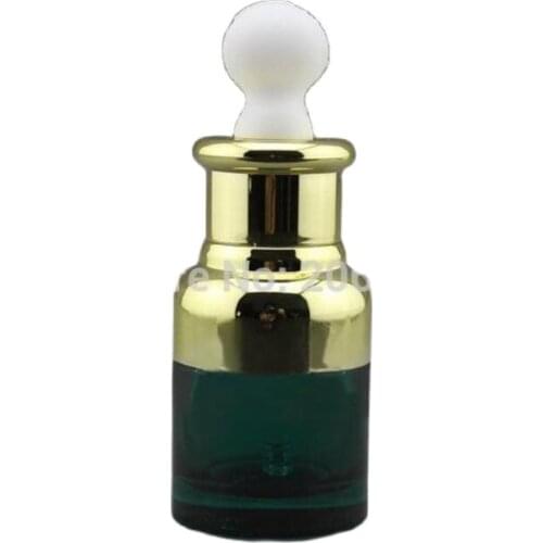 NEW ARRIVAL 20ml green glass dropper bottle with gold shoulder and gold collar ,white bulb glass bottle