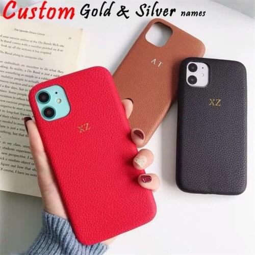 Custom Gold & SilverInitial Name Pebble Grain PU Leather Phone Covers For iPhone 12 11 Pro X XR XS Max 7 8 Plus Soft Phone Cases