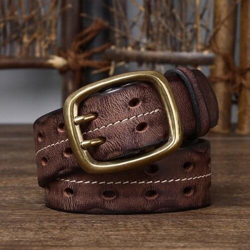 Vintage Mens 3.8cm Wide Double Breasted Belt 100% Cowhide Double Prong Buckle Handmade Heavy Duty Belt Fashion Jeans Belt Brown
