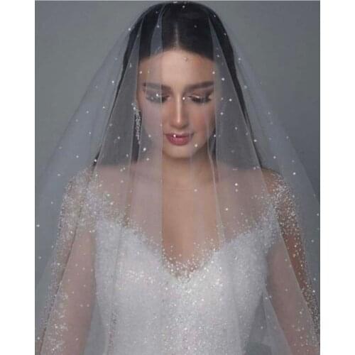 Luxury Wedding Veil Bling Bling Pearls Long Cathedural Bridal Veil