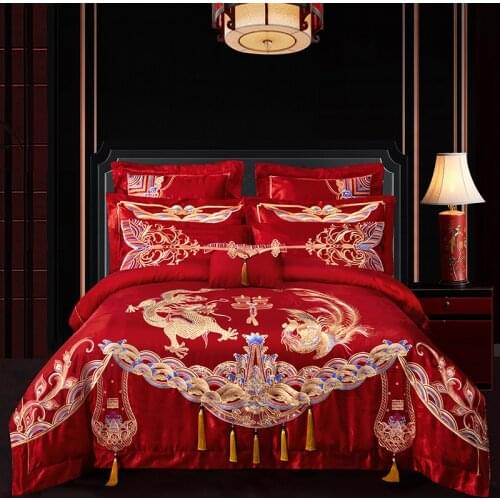 Luxury Satin Jacquard Cotton Chinese Wedding Bedding Set Gold Long Phoenix Embroidery Double Duvet Cover Bed Sheet Pillowcases