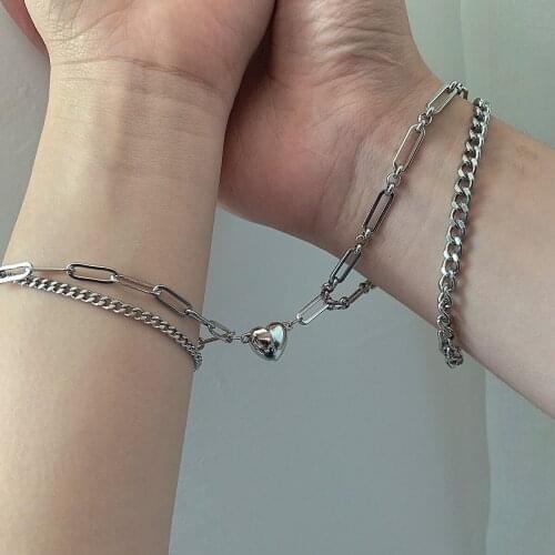 Stylish Couple Jewelry Creative Heart Stainless Steel Chain Bracelet Fashion Women Men Jewelry Accessories