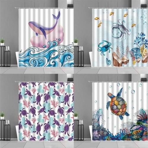Cartoon Ocean Animal Shower Curtain Sea Wave Whale Seas Turtle Fish Crab Underwater World Bath Curtains Children Room Decor Gift