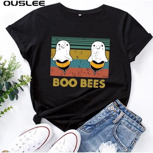 Ouslee Women Summer T-Shirt Plus Size Lovely Funny BOO BEES Printed O-neck Short Sleeve Tees Soft Premium Femme Top