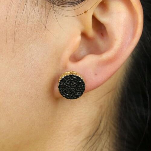 Hip hip new black cubic zirconia stud earring gold filled two tone color geometric round shape screwback earring for women men
