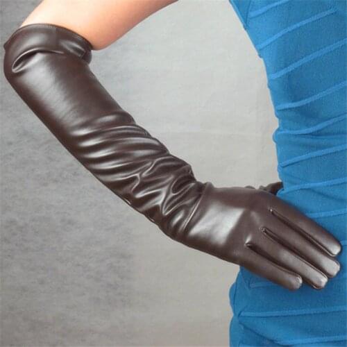 Gloves Women Simulation Leather PU Long 50cm Over Elbow Brown Black Wine Red With Drak Brown Retro Elegant Silky lining TB13