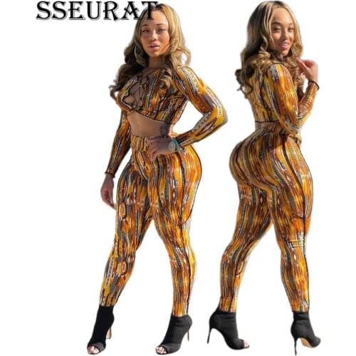 SSEURAT Women Set Print Full Sleeve O-neck Tops Stretchy Pencil Pants Two 2 Piece Sets Sexy Fall Outfit