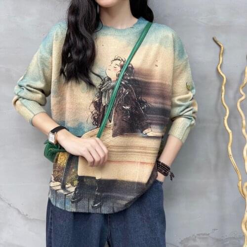 2021 New Sweater Women Autumn Retro Knitting Pullovers Tops Ladies O-Neck Print Character Loose Casual Jumpers Long Sleeve Pull