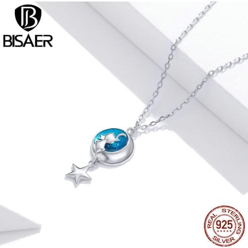 BISAER New 925 Sterling Silver Moon & Cat Necklaces Pendants Long Chain Necklace for Women Sterling Silver Jewelry ECN422
