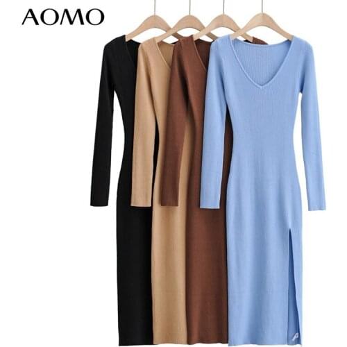 AOMO fashion women solid elegant v neck sweater dress long sleeve ladies side open midi dress 4P20A