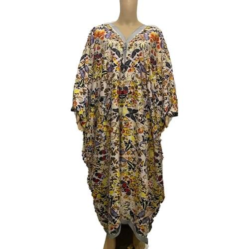Sweet butterfly printed Summer Silk V-neck Bohemian lady dress европейская одежда Muslim womens Fashion Abaya boubou kaftan