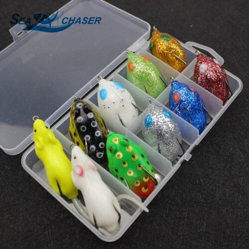 High Quality 10pcs 10colors Topwater Frog and Mouse Hollow Body Soft Fishing Lures Bass Hooks Baits Tackle Set and Tackle Box