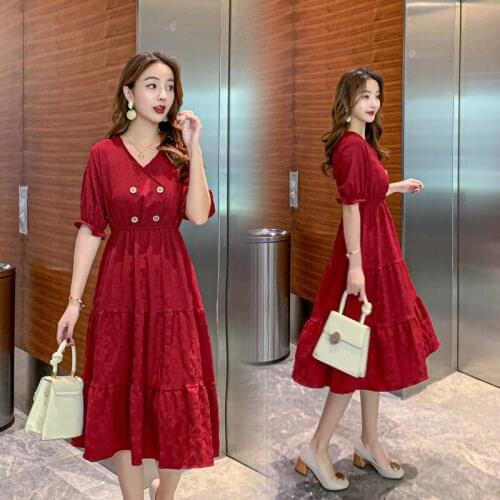2283# Maternity Dress Summer V Neck Short Sleeve Easy Matching Loose Stylish Mid-Long Dress for Pregnant Women Mom Dress