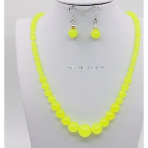 6-14mm Tower Chalcedony Necklace Chain Earring Sets Natural Lemon Lucky Stone Round Beads Women Jewelry 15inch Gifts Accessories