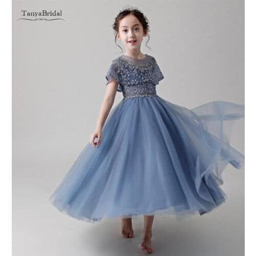 Ball Gown Lace Pearls Flower Girl Dresses for Weddings New First Communion Dresses for Girls Blue O-neck Short Sleeve XF037