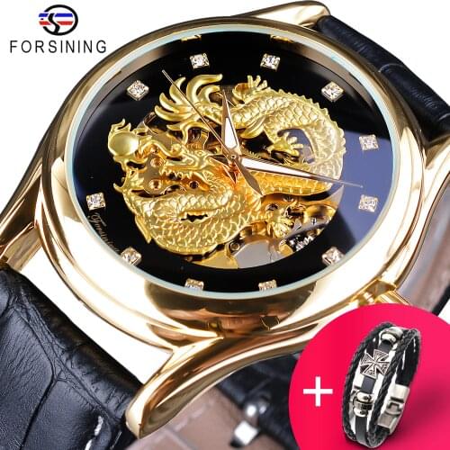 Forsining Watch + Bracelet Set Combination Diamond Dragon Golden Luminous Hand Transparent Men Top Brand Luxury Mechanical Watch