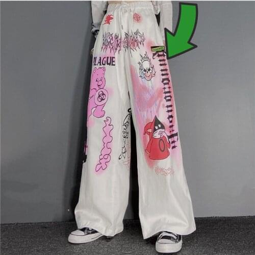 Japanese Harajuku Design Cartoon Bear Graffiti print Long Wide Leg Pants for Men and Women Punk Hip Hop Cute Girls Sweatpants