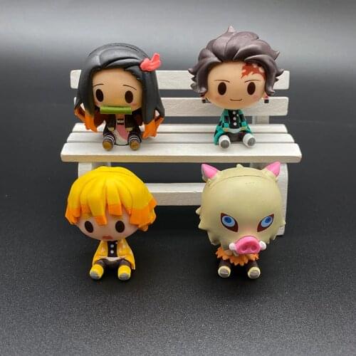 4Pcs/Set Q Version Demon Slayer Sitting Ghost Doll Tanjiro Nidouzi Inosuke Zenizu Figure Action Figure Movie Model Toys Doll
