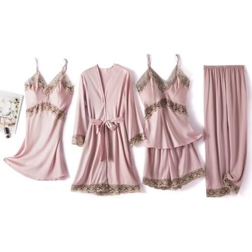 Robe Womens 5 PCS Sets Suit Lace Bride Bridesmaid Gown Sexy Bathrobe Pajama Casual Sleepwear Woman Dress Fashion Long Nightpant
