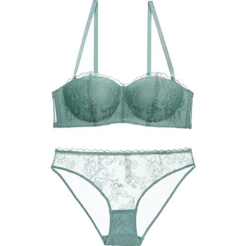 1/2 cup lace embroidery push up sexy ladies bra set Euramerican seamless bralette and transparent panties women fashion Lingerie