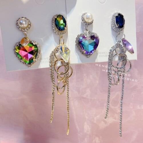 MENGJIQIAO Korean Luxury Asymmetric Heart Crystal Drop Earrings For Women Girls Rhinestone Tassel Boucle D'oreille Party Jewelry