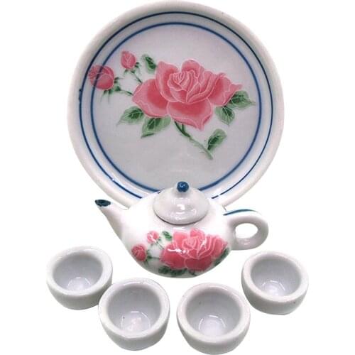 Flower Print Mini Ceramic Tea Set Tray Teacup for 1/6 Dollhouse Children Kids Toys Girls Birthday Christmas New Year Gift