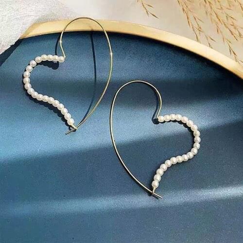 Fashion 2021 Simulated Pearl Heart Pendant Drop Earring For Women Gold Plated Large Circle Statement Earrings Brincos Jewelry