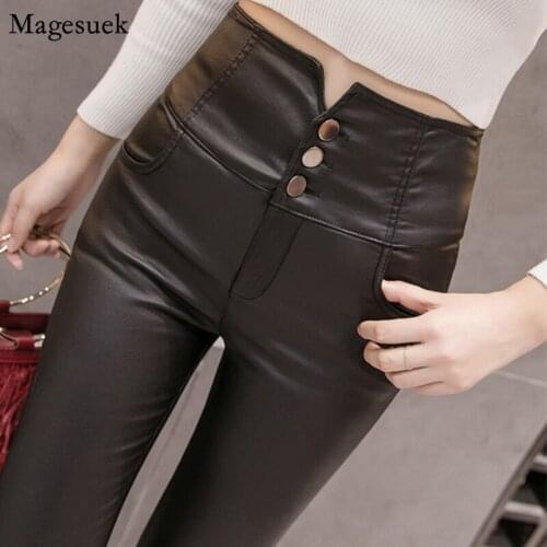 Fashion Lace Faux Leather Pants Women High Waist Skinny Pu Leather Leggings Women Black Pants Hollow Out Casual Trousers 11931