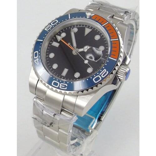 40MM Sterile Black Dial Sapphire glass Date Luminous Orange Blue Bezel Steel Bracelet GMT Automatic Movement Mens Watch