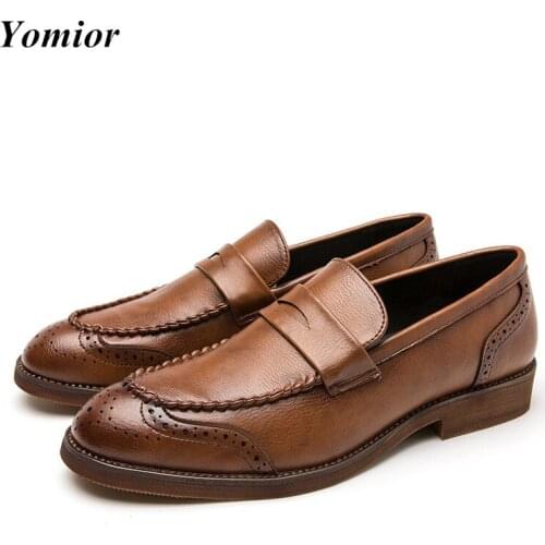 Yomior Italian Style Vintage Men Casual Shoes Real Leather High Quality Formal Dress Shoes Big Size Wedding Brogue Shoes Loafers