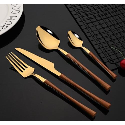 4Pcs Stainless Steel Imitation Wooden Handle Cutlery Set Dinnerware Clamp Western Tableware Knife Fork Tea Spoon Silverware