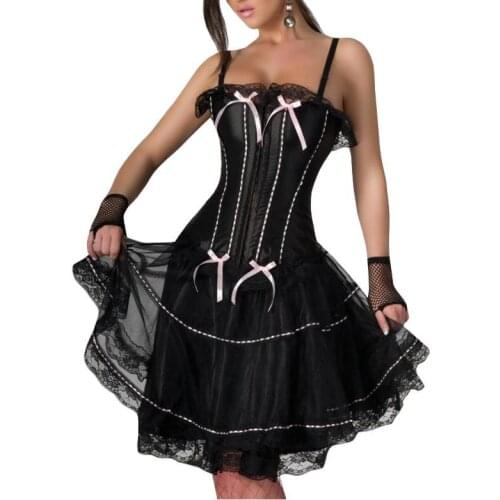 New Plus Size Black Pink / Red Lace Trimmed One Piece Straps Overbust Gothic Boning Corset Bustier With Skirt S-6XL W58067